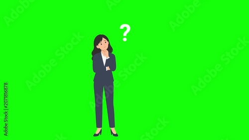 Flat Design Businesswoman Thinking with Question Marks Animation Green Screen 4K