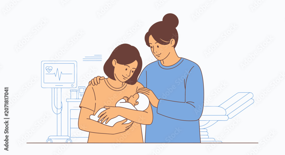 Fototapeta premium Mother and Partner Cherish Newborn Baby in Hospital, Medical Monitor Background