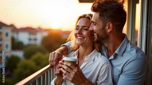 House creative design Man iteration embracing wife at balcony Relaxed couple drinking coffee in weekend