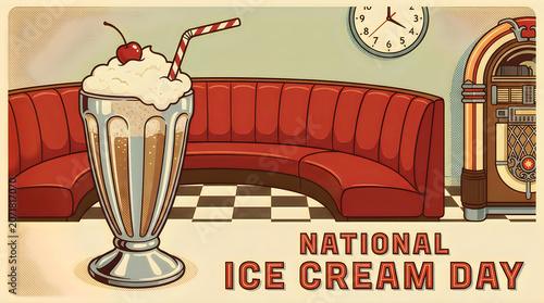 Retro diner illustration featuring a tall glass milkshake with whipped cream and a cherry, celebrating National Ice Cream Day