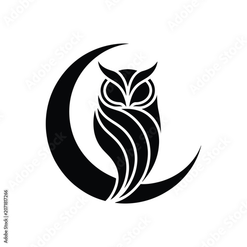 Black and white owl silhouette on a crescent moon, minimalist