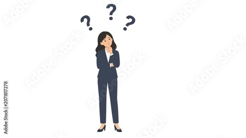Flat Design Businesswoman Thinking with Question Marks Animation Green Screen 4K