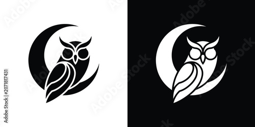 Black and white owl silhouettes with crescent moon nocturnal bird