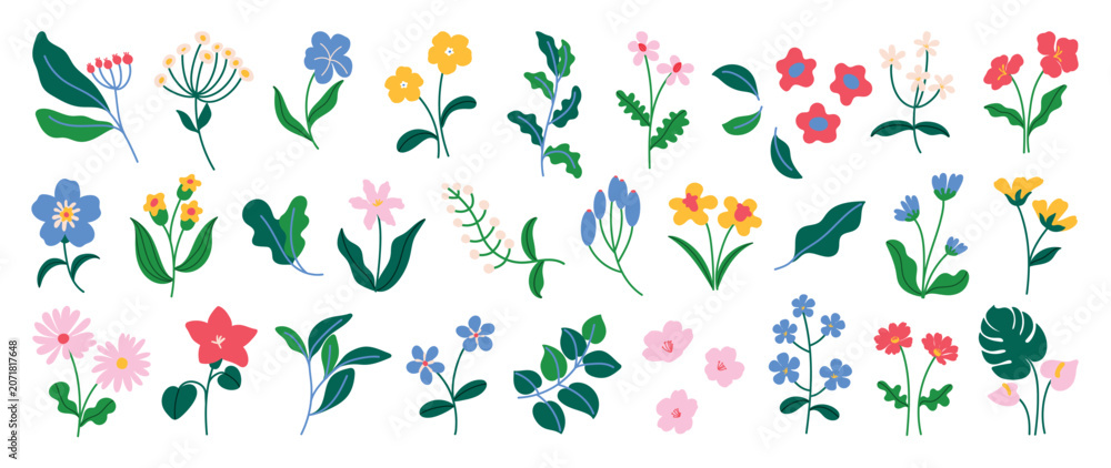 Fototapeta premium Spring flower vector elements set. Colorful flat floral clipart with wildflowers, leaves, blossoms and botanical stems for cards, invitations and nursery decoration.