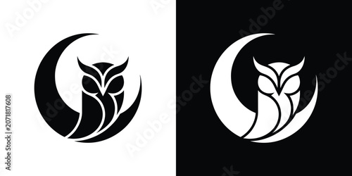 Black and white owl with crescent moon, reversible symbol