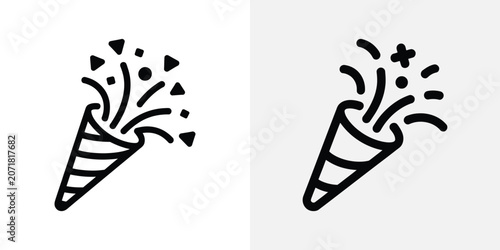 Black and white party horn with confetti and streamers, two variations celebration