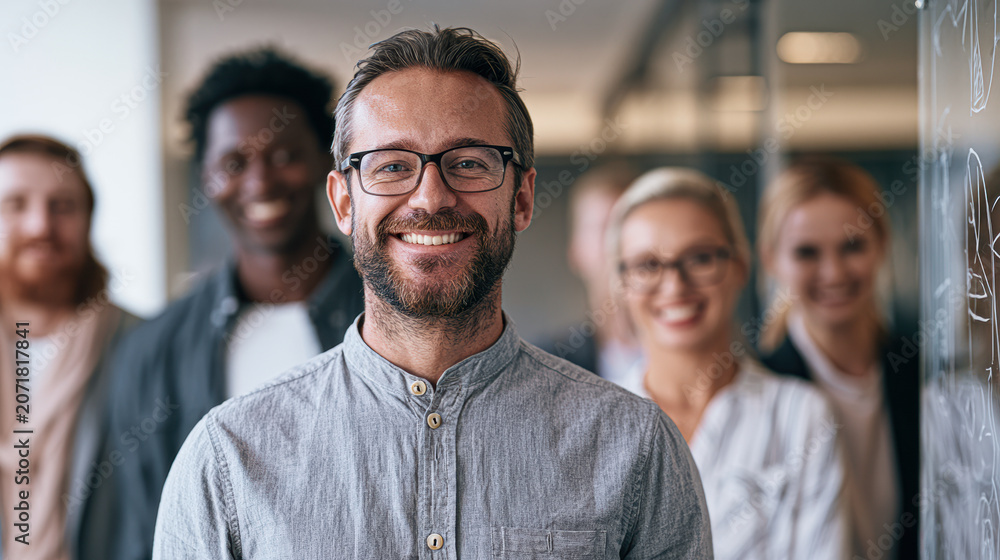 Obraz premium A diverse group of five smiling professionals standing in a modern office, with a confident man wearing glasses in the foreground.
