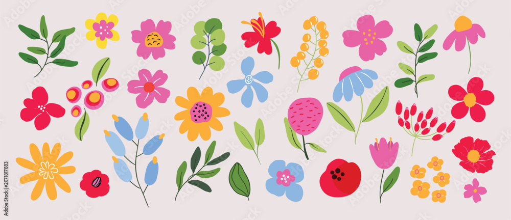 Fototapeta premium Spring flower vector elements set. Colorful flat floral clipart with wildflowers, leaves, blossoms and botanical stems for cards, invitations and nursery decoration.