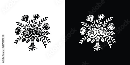 Black and white rose bouquets, two versions with different backgrounds floral flowers leaves