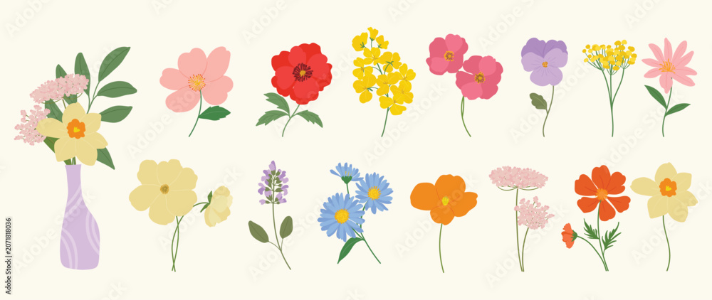 Fototapeta premium Spring flower vector elements set. Colorful flat floral clipart with wildflowers, leaves, blossoms and botanical stems for cards, invitations and nursery decoration.