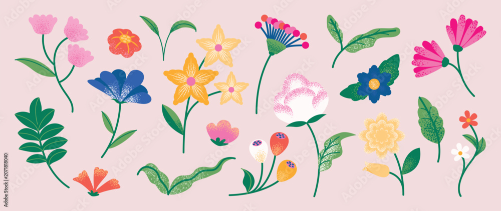 Fototapeta premium Collection of spring colorful flower elements vector. Set floral of wildflower, leaf branch, foliage on white background. Hand drawn blossom illustration for decor, easter, sticker, clipart, print.