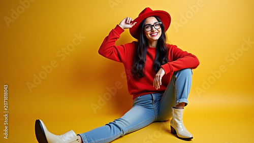 Glasses in trendy sweater iteration blue jeans and light cool boots raising her leg and