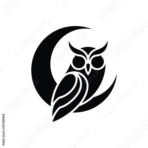 Black owl silhouette on a crescent moon, white background, black silhouette bird