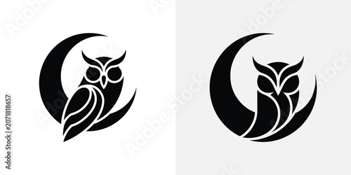 Black owl silhouettes with crescent moon, white background