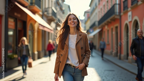 Full length young caucasian iteration girl funny walking at european street during spring day Brunette