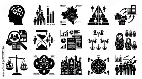 Demographics Population Data Glyph Icons Set. Human Resources, Census  Community Statistics Solid Black  White Pictograms.