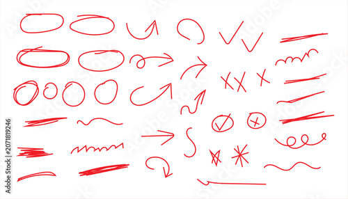 Arrow, Circle and Underline Marker Doodle Set with Hand Drawn Check Marks, Cross Symbols, Scribbles and Annotation Elements Vector Illustration