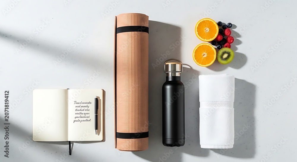 Fototapeta premium A selection of healthy lifestyle items on a white surface