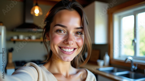 Browneyed girl ar beautiful iteration modern house creative Woman in great mood takes selfie in