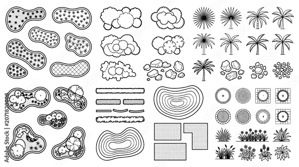 Obraz premium Landscape architecture master site plan layout symbols and topview garden design CAD blocks 