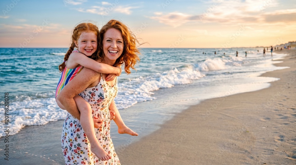 Fototapeta premium Happy mother giving her smiling daughter a piggyback ride on a sandy beach by the ocean at sunset, enjoying a beautiful summer vacation.