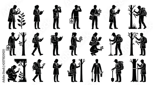 Environmental Scientists and Nature Researchers Glyph Icons. Black Silhouettes of Biologists, Botanists, Foresters Studying Plants.