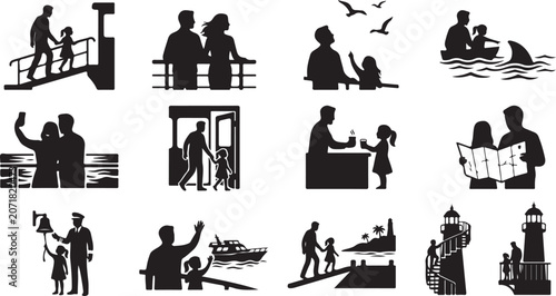 Quadro su tela Set of silhouettes of a father and daughter on a cruise ship vacation