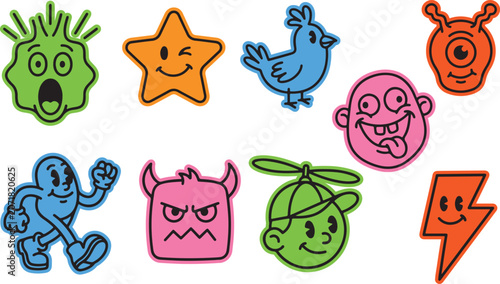 Tableau sur toile Set of colorful quirky cartoon stickers with varied characters and icons sticker