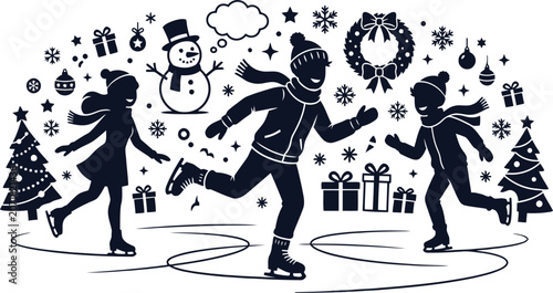 Kids ice skating during winter holiday season