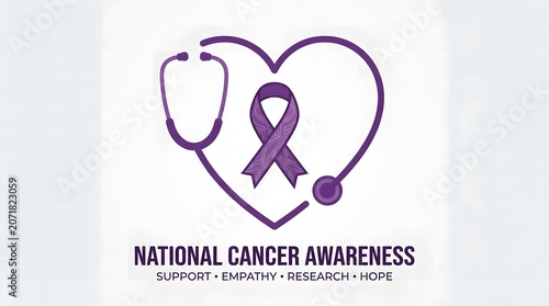Breast cancer awareness month purple ribbon heart and stethoscope symbolizing hope and medical support