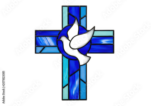 Stained glass cross with dove symbol during daylight isolated on transparent background