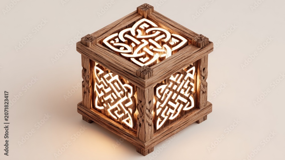 Obraz premium Intricate celtic knotwork lantern illuminated wooden box with decorative carvings