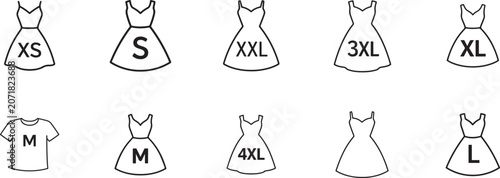 Photography Clothing size guide icons with dress sizes XS to 4XL