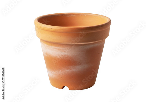 Terracotta plant pot with weathered patina during clean studio lighting isolated on transparent background