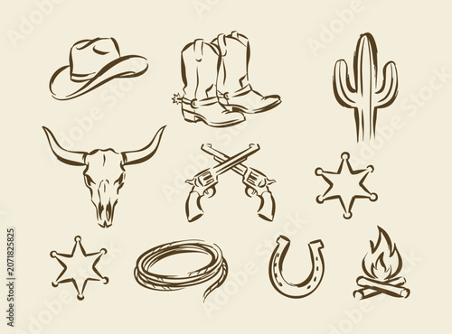 Western cowboy doodle set hand drawn wild west ranch icons with hat boots cactus and skull line art illustration
