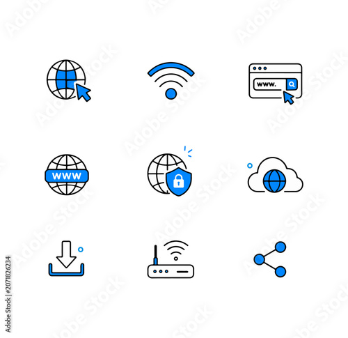 Internet and Network Icons Set with Globe, Shield, and WiFi Symbols