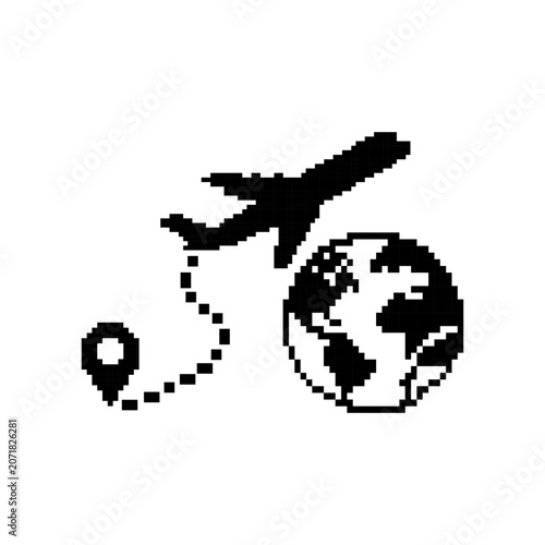 Pixel art airplane global travel