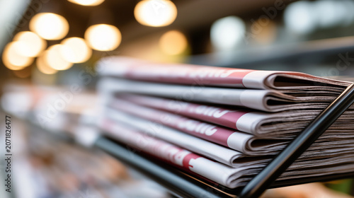 Stack of folded newspapers in a metal rack highlighting print journalism, daily news, publishing, media distribution, and information delivery.