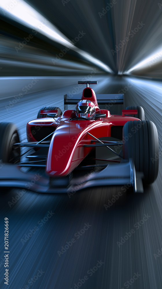 Naklejka premium Red Formula racing car charging through a high-speed circuit with dramatic motion blur capturing elite motorsport, cutting-edge engineering, and adrenaline-filled competition.