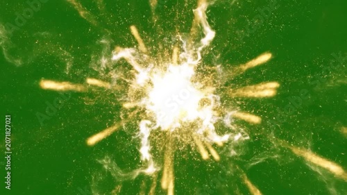 A bright yellow explosion with smoke clouds on a green background