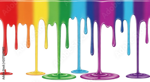 Vibrant liquid paint colors dripping down in spectrum order during a creative process with a clean aesthetic isolated on transparent background