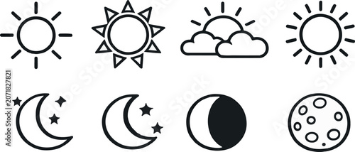 Weather and Moon Phase Line Icon Set with Sun, Clouds, Stars, Crescent Moon and Full Moon Symbols for Weather Apps and UI Design