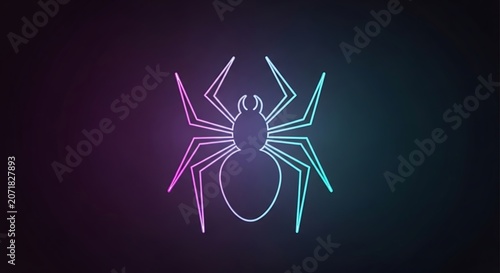Neon glowing spider icon on a dark background.
