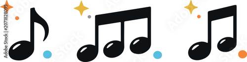 Cute Music Notes Vector Illustration Set, Cartoon Musical Symbol Icon with Sparkles, Clean Melody Line Art Graphic for Playlist Audio Logo Emblem