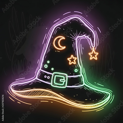 Neon glowing witch hat illustration for Halloween.