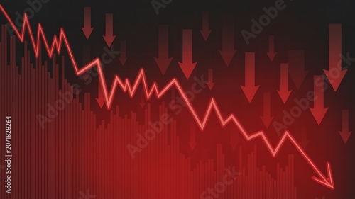 Red, declining stock market graph, falling trend line, downward arrows, financial crisis