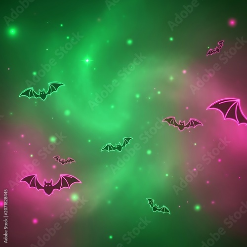 Neon Halloween background with flying bats in a colorful glowing night sky.