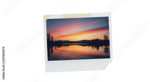 Vibrant sunset over calm lake with silhouetted trees reflecting in water during golden hour isolated on transparent background
