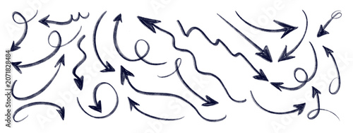 Set of black hand drawn arrows and a target arrow , doodle pointers isolated on transparent background.