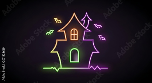 Neon Halloween haunted house sign with bats on dark background.